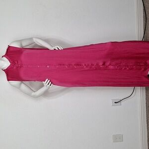 Pink Silky Button Front Coquette Romantic Barbiecore Side Slit Shirt Maxi Dress